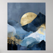 Navy Blue Gold Modern Abstract Landscape Wall Art ポスター (正面)