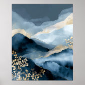 Navy Blue Gold Modern Abstract Landscape Wall Art ポスター (正面)