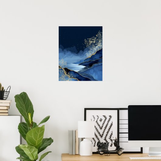 Navy Blue Gold Modern Abstract Landscape Wall Art ポスター (ホームオフィス)