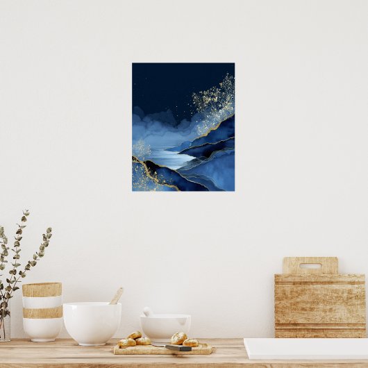 Navy Blue Gold Modern Abstract Landscape Wall Art ポスター (キッチン)