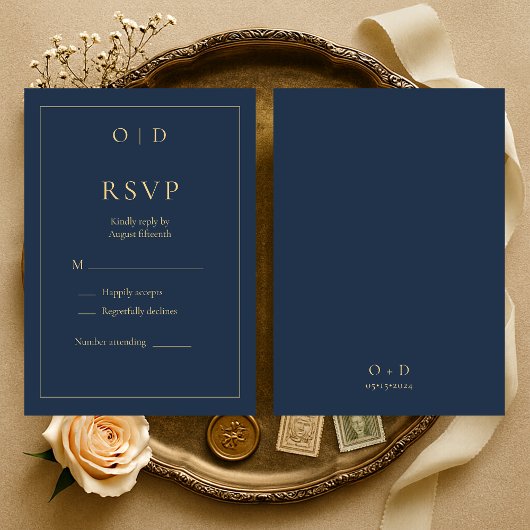 Navy Blue Gold Monogram Wedding RSVP 