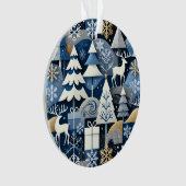 Navy Blue Gold Nordic Christmas Forest Pattern オーナメント (正面)