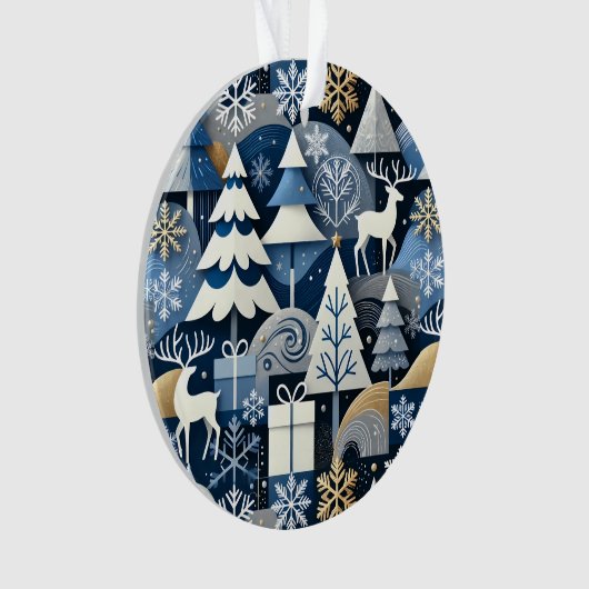Navy Blue Gold Nordic Christmas Forest Pattern オーナメント (正面)