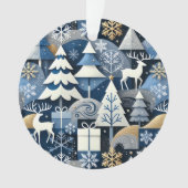 Navy Blue Gold Nordic Christmas Forest Pattern オーナメント (正面)