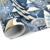 Navy Blue Gold Nordic Christmas Forest Pattern ラッピングペーパー (ロールコーナー)