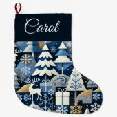 Navy Blue Gold Nordic Christmas Forest Pattern ラージクリスマスストッキング (正面)