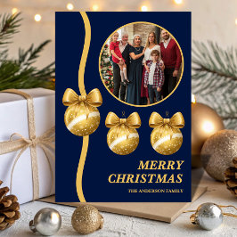 Navy Blue & Gold Ornaments Family Christmas Photo シーズンカード