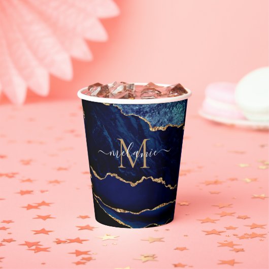 Navy Blue Gold Paper Cups Personalized Name Letter 紙コップ (インサイチュ)