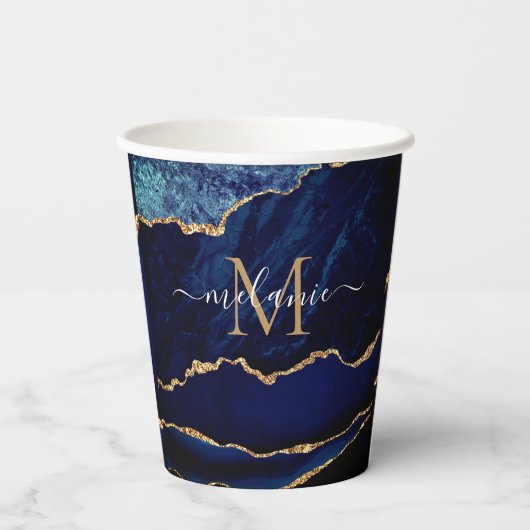 Navy Blue Gold Paper Cups Personalized Name Letter 紙コップ (裏面)