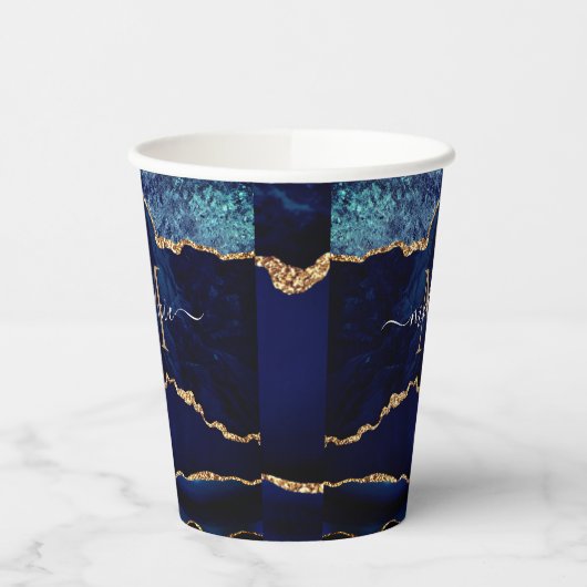 Navy Blue Gold Paper Cups Personalized Name Letter 紙コップ (左)