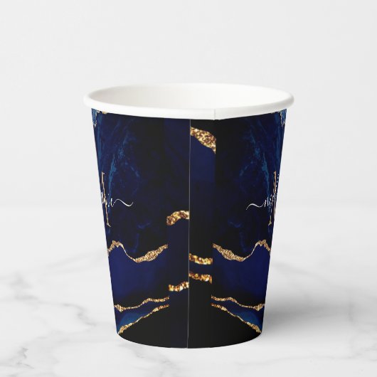 Navy Blue Gold Paper Cups Personalized Name Letter 紙コップ (右)