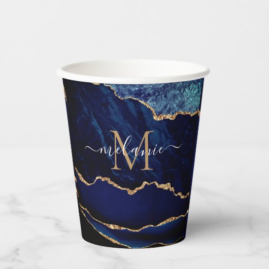 Navy Blue Gold Paper Cups Personalized Name Letter 紙コップ (正面)