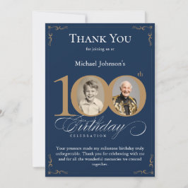 Navy Blue Gold Photo 100th Birthday Thank You Card 招待状