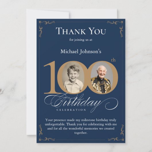 Navy Blue Gold Photo 100th Birthday Thank You Card 招待状 (正面)
