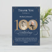 Navy Blue Gold Photo 100th Birthday Thank You Card 招待状 (スタンド正面)