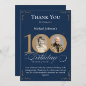 Navy Blue Gold Photo 100th Birthday Thank You Card 招待状 (正面/裏面)