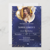 Navy blue gold photo glitter balloons birthday 招待状 (正面)