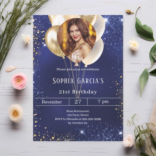 Navy blue gold photo glitter balloons birthday 招待状