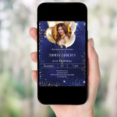 Navy blue gold photo glitter balloons birthday 招待状