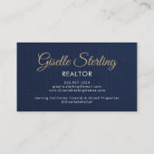 Navy Blue Gold Photo Realtor QR Code Linen 名刺 (裏面)