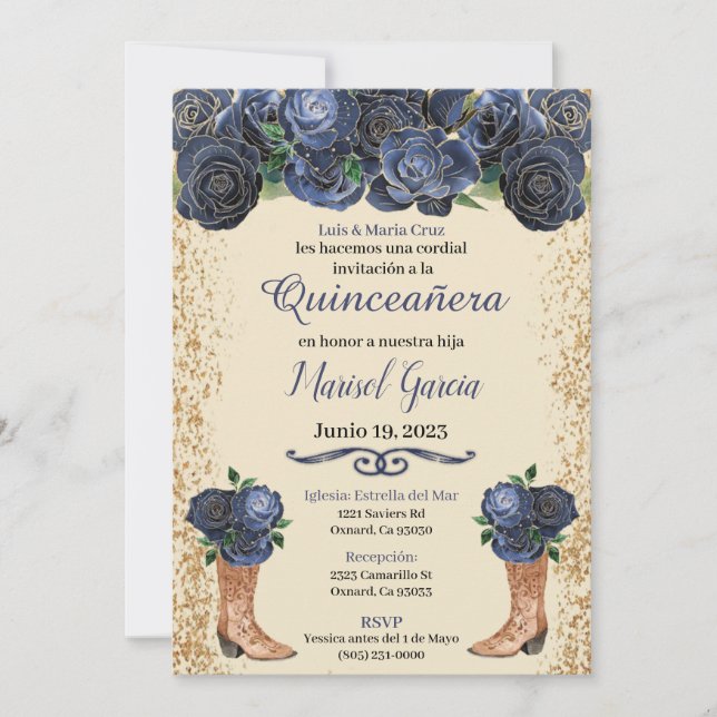 Navy Blue Gold Quinceanera Invitation Floral Blue  (正面)