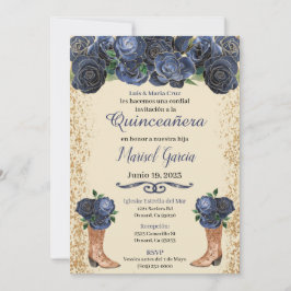 Navy Blue Gold Quinceanera Invitation Floral Blue 