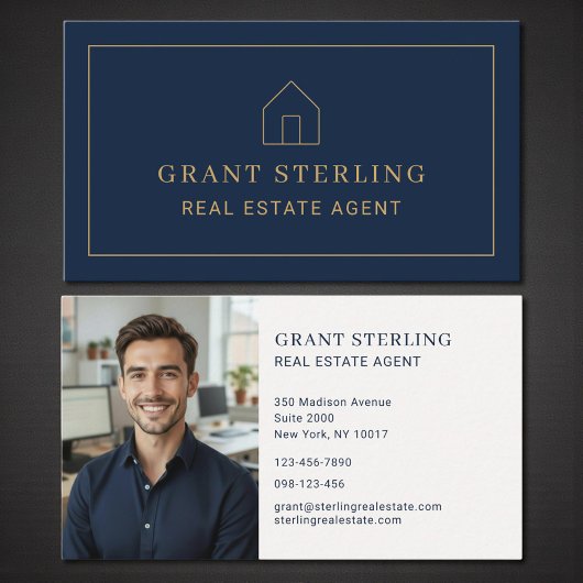 Navy Blue Gold Real Estate Agent Photo 名刺