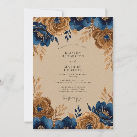 Navy Blue Gold Regal Rustic Wedding 招待状 (正面)