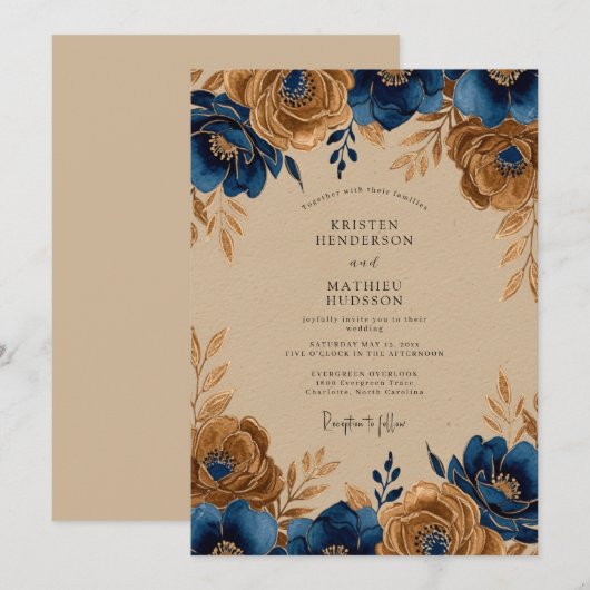 Navy Blue Gold Regal Rustic Wedding 招待状 (正面/裏面)