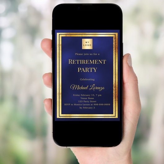 Navy blue gold retirement party business logo 招待状