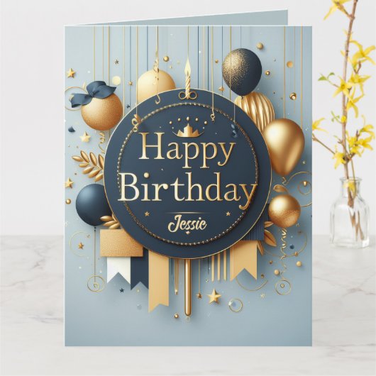 Navy Blue & Gold Royal Crown Happy Birthday カード (黄色い花)