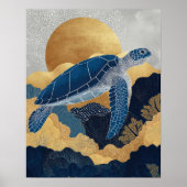 Navy Blue& Gold Sea Turtle Kintsugi Underwater ポスター (正面)