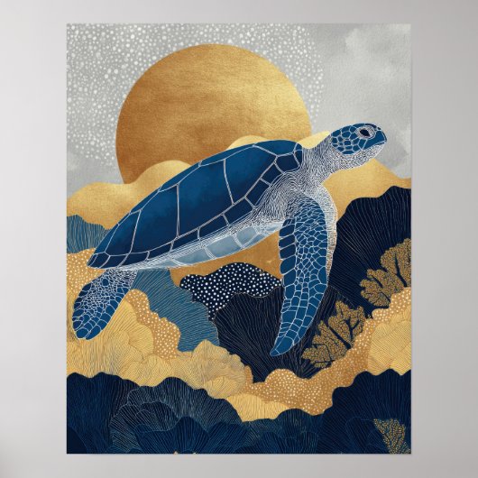 Navy Blue& Gold Sea Turtle Kintsugi Underwater ポスター (正面)