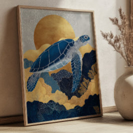 Navy Blue& Gold Sea Turtle Kintsugi Underwater ポスター