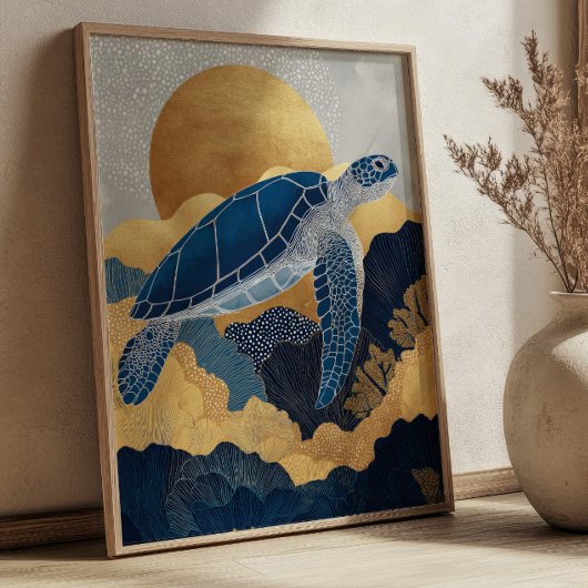 Navy Blue& Gold Sea Turtle Kintsugi Underwater ポスター