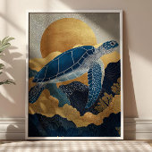 Navy Blue& Gold Sea Turtle Kintsugi Underwater ポスター