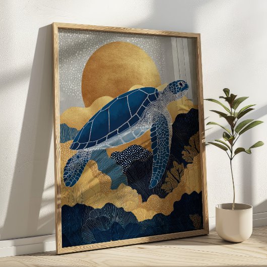 Navy Blue& Gold Sea Turtle Kintsugi Underwater ポスター