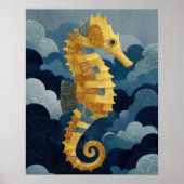 Navy Blue& Gold Seahorse Kintsugi Nautical Art  ポスター (正面)
