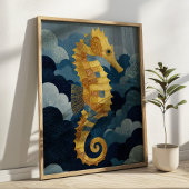Navy Blue& Gold Seahorse Kintsugi Nautical Art  ポスター