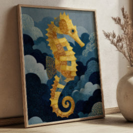 Navy Blue& Gold Seahorse Kintsugi Nautical Art  ポスター