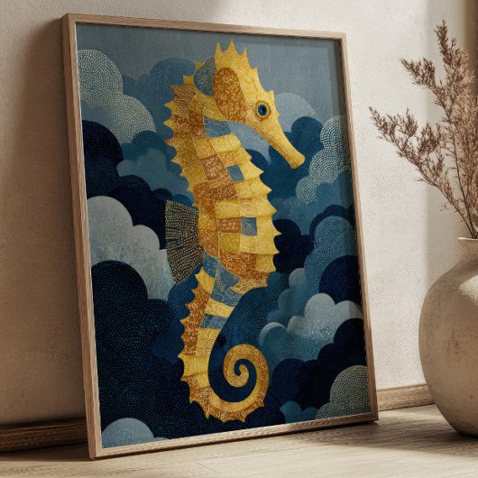 Navy Blue& Gold Seahorse Kintsugi Nautical Art  ポスター