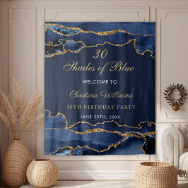 Navy Blue & Gold Shades of Blue Birthday Backdrop タペストリー