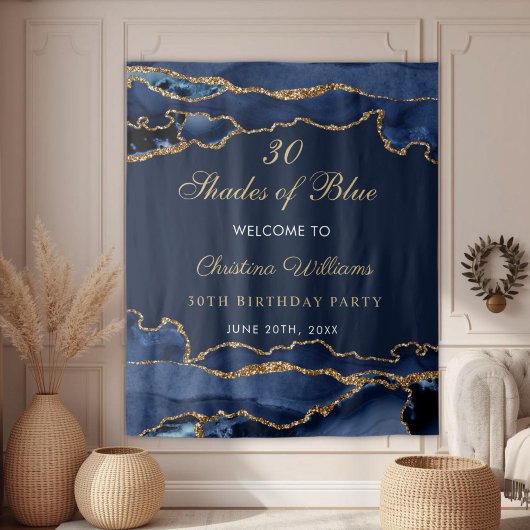 Navy Blue & Gold Shades of Blue Birthday Backdrop タペストリー