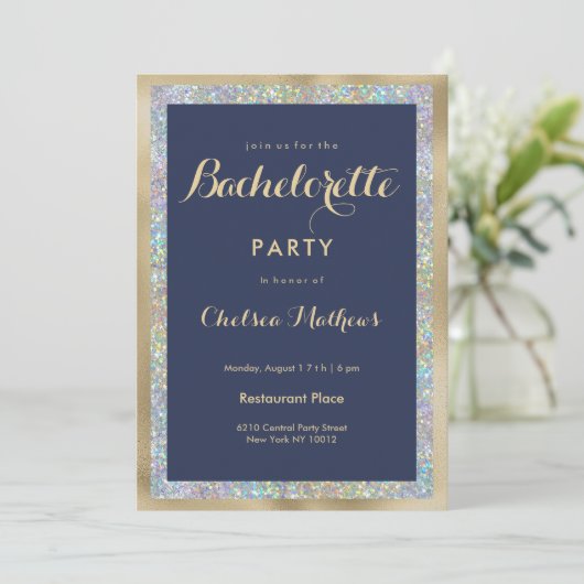 Navy blue gold silver holographic Bachelorette  招待状 (スタンド正面)