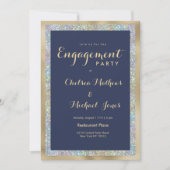 Navy blue gold silver holographic Engagement Party 招待状 (正面)