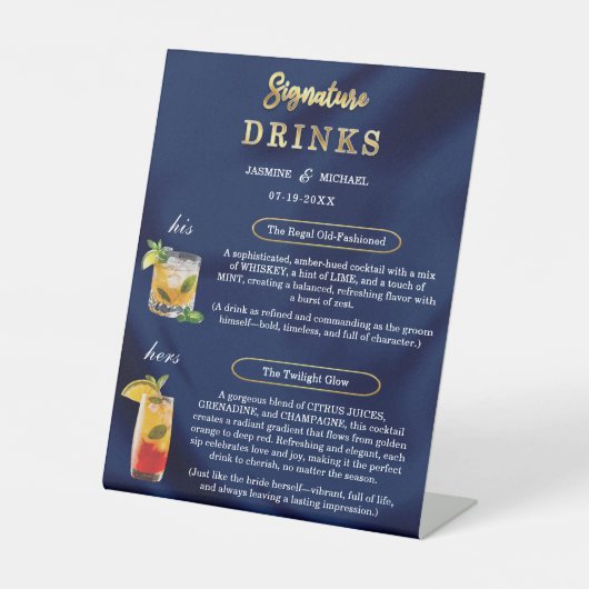 Navy Blue & Gold Simple Wedding Signature Drinks  台座サイン (正面)