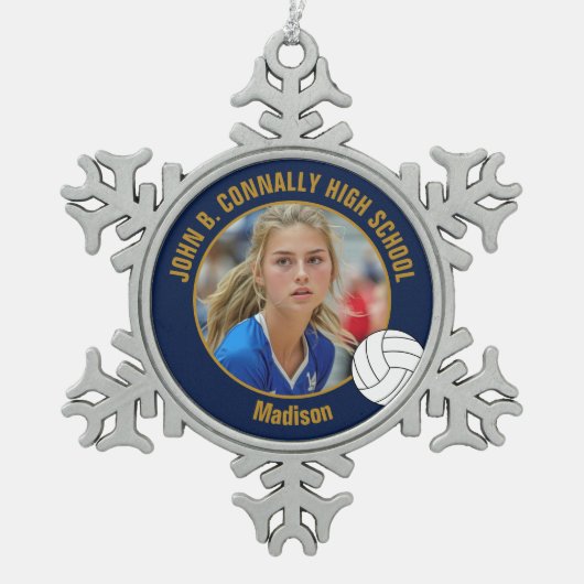 Navy Blue Gold Volleyball Player Photo High School スノーフレークピューターオーナメント (正面)