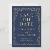 Navy Blue Gold Wedding Save the Date セーブザデート (正面)
