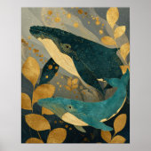 Navy Blue& Gold Whale Illustration Kintsugi Ocean ポスター (正面)