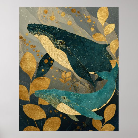 Navy Blue& Gold Whale Illustration Kintsugi Ocean ポスター (正面)